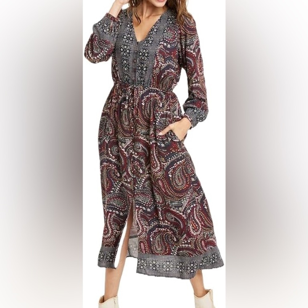 KNOX ROSE Paisley Panel MAXI Dress in Black and Burgundy WIMEN SIZE L
